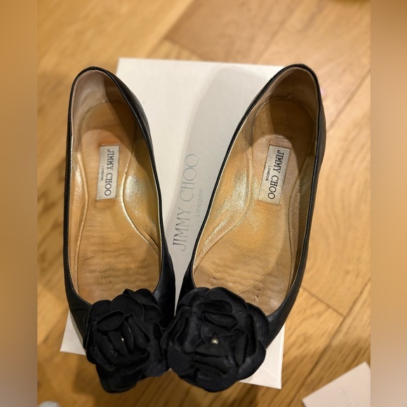 Jimmy Choo Shoes - Jimmy Choo Black Leather Rosette Ballet Flats | Size 37.5 | Box | Authentic